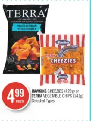 Shoppers Drug Mart Hawkins cheezies (420g) or terra vegetable chips (141g) offer