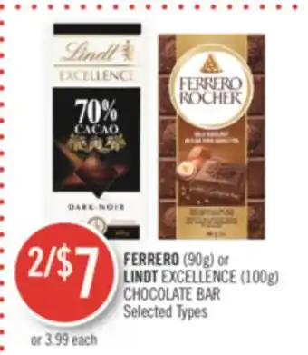 Shoppers Drug Mart Ferrero (90g) or lindt excellence (100g) chocolate bar offer