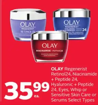 Rexall Olay regenerist retinol24, niacinamide + peptide 24, hyaluronic + peptide 24, eyes, whip or sensitive skin care or serums offer