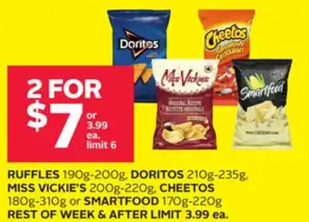 Rexall Ruffles 190g-200g, doritos 210g-235g, miss vickie's 200g-220g, cheetos 180g-310g or smartfood 170g-220g offer