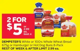 Rexall Dempster's white or 100% whole wheat bread 675g or hamburger or hot dog buns 8-pack offer