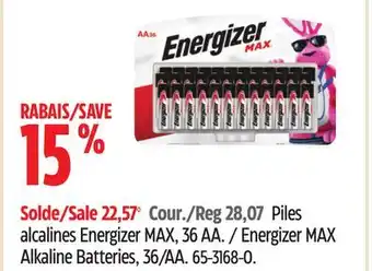 Canadian Tire Energizer max alkaline batteries, 36/aa offer