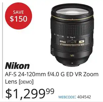 Vistek Nikon af-s 24-120mm f/4.0 g ed vr zoom lens offer