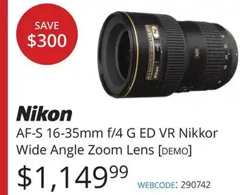 Vistek Nikon af-s 16-35mm f/4 g ed vr nikkor wide angle zoom lens offer