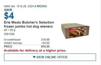 Costco Erie Meats Butcher's Selection frozen jumbo hot dog wieners 60 x 90g offer