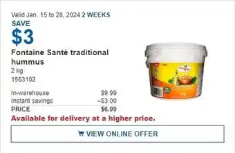 Costco Fontaine Santé traditional hummus 2kg offer