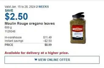 Costco Moulin Rouge oregano leaves 600g offer