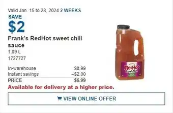 Costco Frank's RedHot sweet chili sauce 1.89L offer
