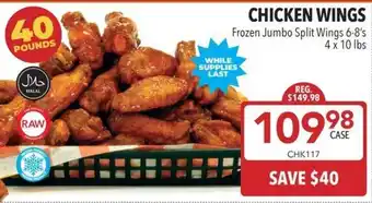 CHICKEN WINGS Frozen Jumbo Split Wings 6-8's 4 x 10 lbs