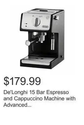 Costco De'longhi 15 bar espresso and cappuccino machine with advanced cappuccino system offer