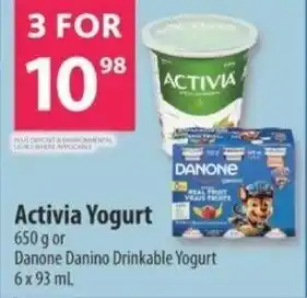Co-op Activia Yogurt 650g or Danone Danino Drinkable Yogurt 6x93mL offer