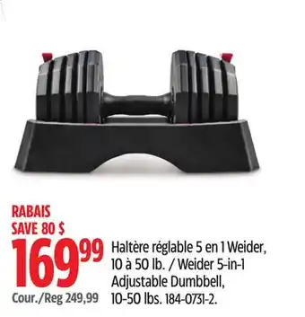 Canadian Tire Weider 5-in-1 adjustable dumbbell, 10-50lbs offer
