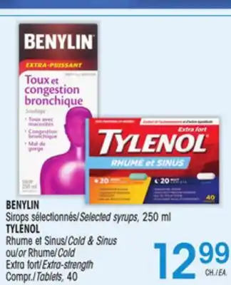Uniprix Benylin sirops sélectionnés/selected syrups, tylenol rhume et sinus/cold & sinus ou/or rhume/cold, extra fort/extra-strength offer