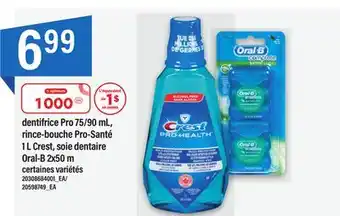 Maxi Dentifrice pro 75/90 ml, rince-bouche pro-santé 1 l crest, soie dentaire oral-b 2x50 m offer