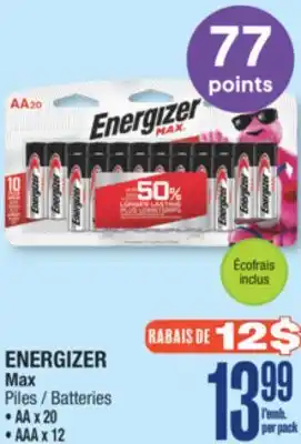 Jean Coutu Energizer max batteries aa x 20, aaa x 12 offer