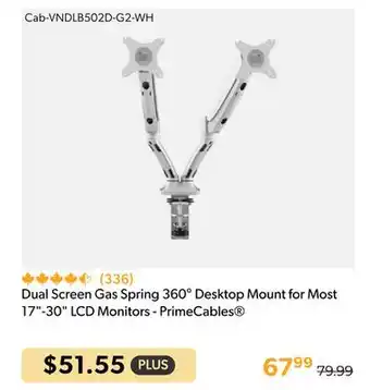 Shopper+ Dual Screen Gas Spring 360° Desktop Mount for Most 17-30 LCD Monitors - PrimeCables offer