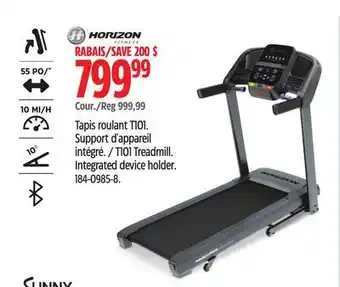 Canadian Tire HORIZON T101 Treadmill. Integrated device holder offer
