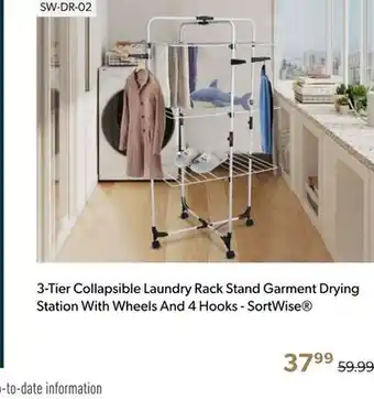 Shopper+ 3-Tier Collapsible Laundry Rack Stand Garment Drying Station With Wheels And 4 Hooks - SortWise offer