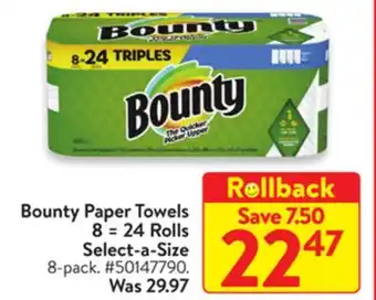 Walmart Bounty Paper Towels 8=24 Rolls Select-a-Size offer