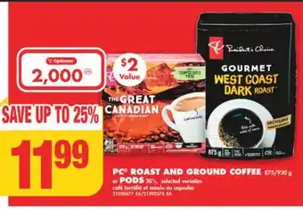 No Frills PC ROAST AND GROUND COFFEE, 875/930 g or PODS, 30's offer