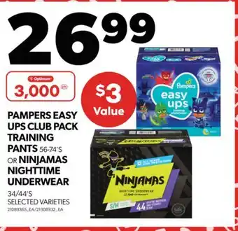 Real Canadian Superstore PAMPERS EASY UPS CLUB PACK TRAINING PANTS, 56-74'S OR NINJAMAS NIGHTTIME UNDERWEAR, 34/44'S offer
