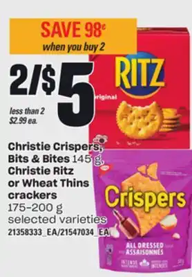 Loblaws CHRISTIE CRISPERS, BITS & BITES, 145 g, CHRISTIE RITZ OR WHEAT THINS CRACKERS, 175-200 g offer