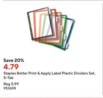 Staples Staples Better Print & Apply Label Plastic Dividers Set, 5-Tab offer