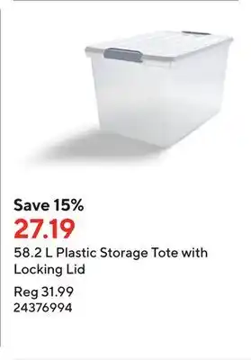 Staples 58.2 L Plastic Storage Tote with Locking Lid offer