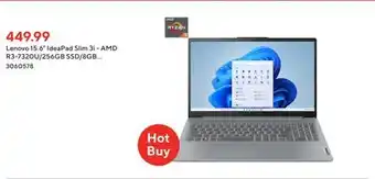 Staples Lenovo 15.6 IdeaPad Slim 3i - AMD R3-7320U/256GB SSD/8GB RAM/Windows 11 offer