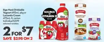 Longo's Iögo Nanö Drinkable Yogourt 693mL pkg or Lactantia Cream 473mL-1L carton offer