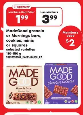 Loblaws MADEGOOD GRANOLA OR MORNINGS BARS, COOKIES, MINIS OR SQUARES, 110-150 g offer