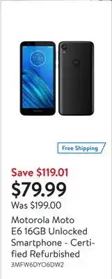 Walmart Motorola Moto E6 16GB Unlocked Smartphone - Certified Refurbished offer
