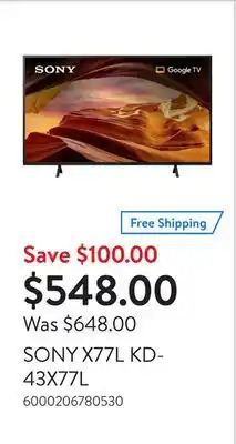 Walmart SONY X77L KD-43X77L offer