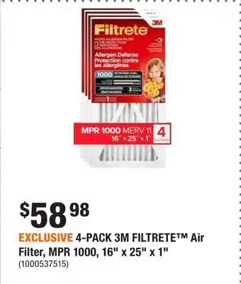 Home Depot EXCLUSIVE 4-PACK 3M FILTRETE Air Filter, MPR 1000, 16 x 25 x 1 offer