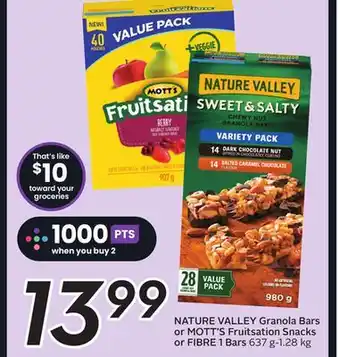 Sobeys NATURE VALLEY Granola Bars or MOTT'S Fruitsation Snacks or FIBRE 1 Bars offer