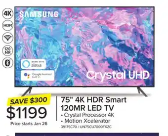 Leon's Samsung 75 CUHD 4K Smart TV UN75CU7000FXZC offer