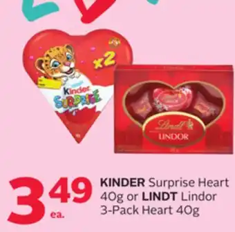 Rexall KINDER Surprise Heart 40g or LINDT Lindor 3-Pack Heart 40g offer
