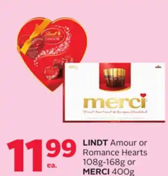 Rexall LINDT Amour or Romance Hearts 108g-168g or MERCI 400g offer