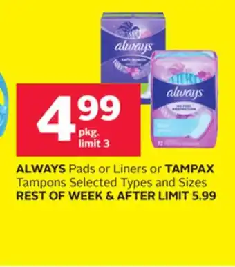 Rexall ALWAYS Pads or Liners or TAMPAX Tampons offer