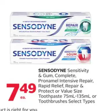 Rexall SENSODYNE Sensitivity & Gum, Complete, Pronamel Intensive Repair, Rapid Relief, Repair & Protect or Value Size Toothpaste 75m offer