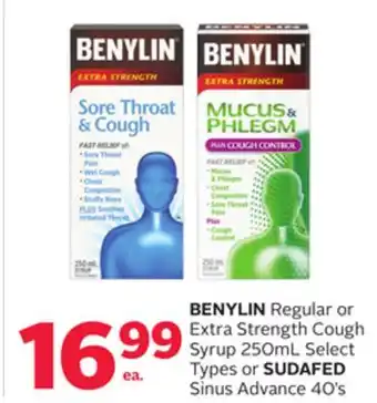 Rexall BENYLIN Regular or Extra Strength Cough Syrup 250mL Select Types or SUDAFED Sinus Advance 40' s offer