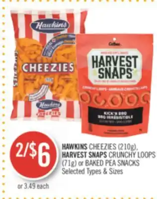 Shoppers Drug Mart HAWKINS CHEEZIES (210g) HARVEST SNAPS CRUNCHY LOOPS offer