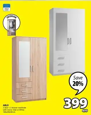 JYSK ARLO 2 door + 3 drawer wardrobe with mirror. Oak or White offer