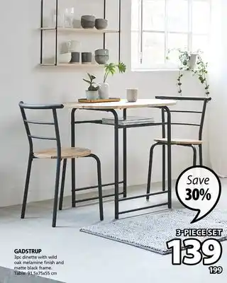 JYSK GADSTRUP 3pc dinette with wild oak melamine finish and matte black frame offer