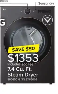 Leon's LG Black Steel 7.4 cu. ft. Ultra Large Capacity Smart Front Load Dryer with Built-In Intelligence & TurboSteam - DLEX6500B offer