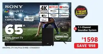 Visions Electronics SONY Google TV NATIVE 120Hz PANEL 65 X90L Smart TV + 2.1-Channel Soundbar System offer