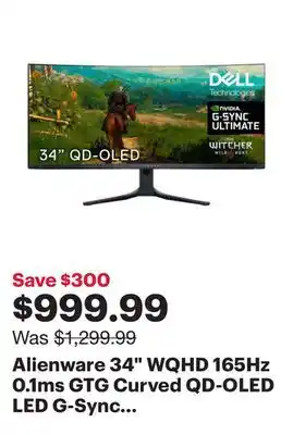 Best Buy Alienware 34 WQHD 165Hz 0.1ms GTG Curved QD-OLED LED G-Sync FreeSync Gaming Monitor (AW3423DWF) offer