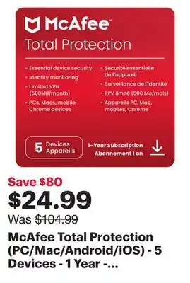 Best Buy McAfee Total Protection (PC/Mac/Android/iOS) - 5 Devices - 1 Year - Digital Download offer