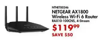NETGEAR AX1800 Wireless Wi-Fi 6 Router RAX10-100CNS, 4-Stream