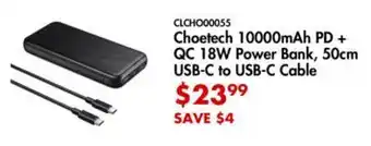 Canada Computers Choetech 10000mAh PD + QC 18W Power Bank, 50cm USB-C to USB-C Cable offer